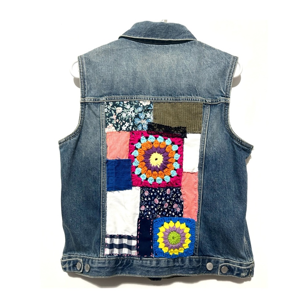 Patchwork Gap 1969 Reworked Custom Distressed Denim Vest Granny Square Blue M/L